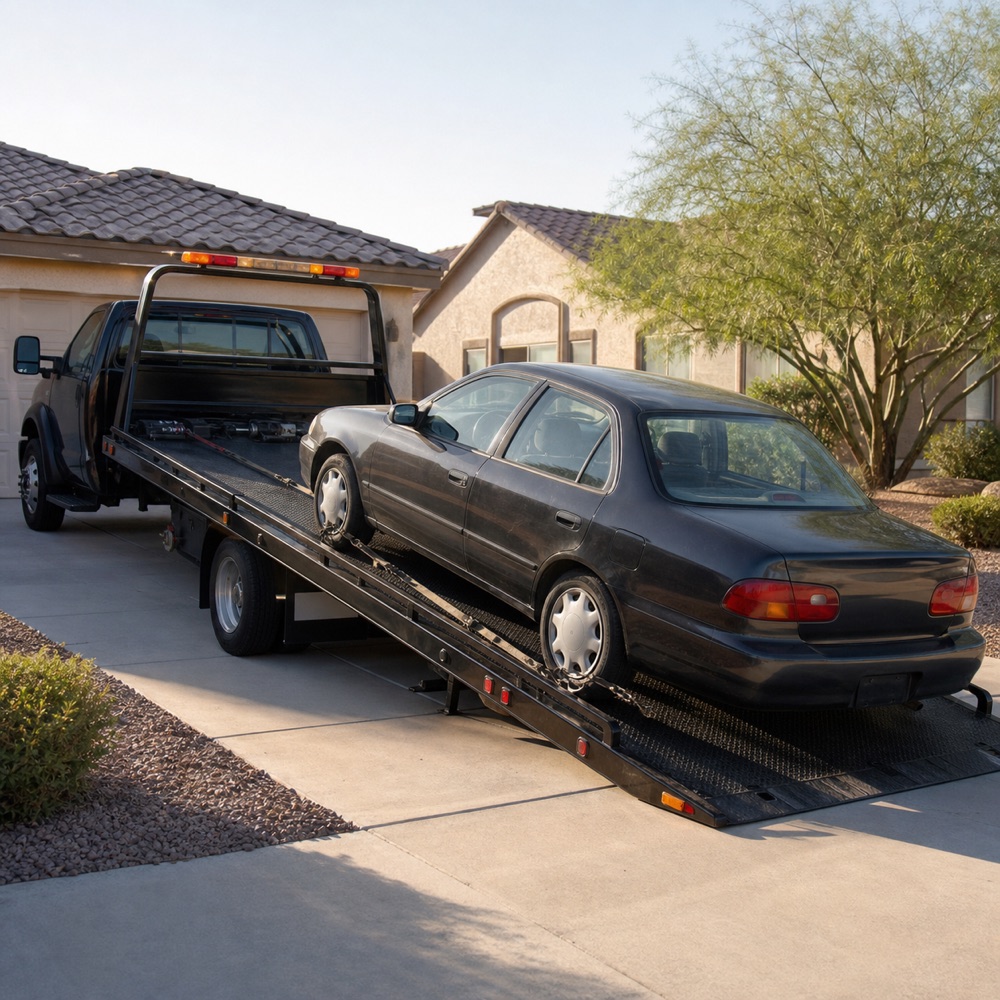 Vehicle being loaded onto a flatbed tow truck